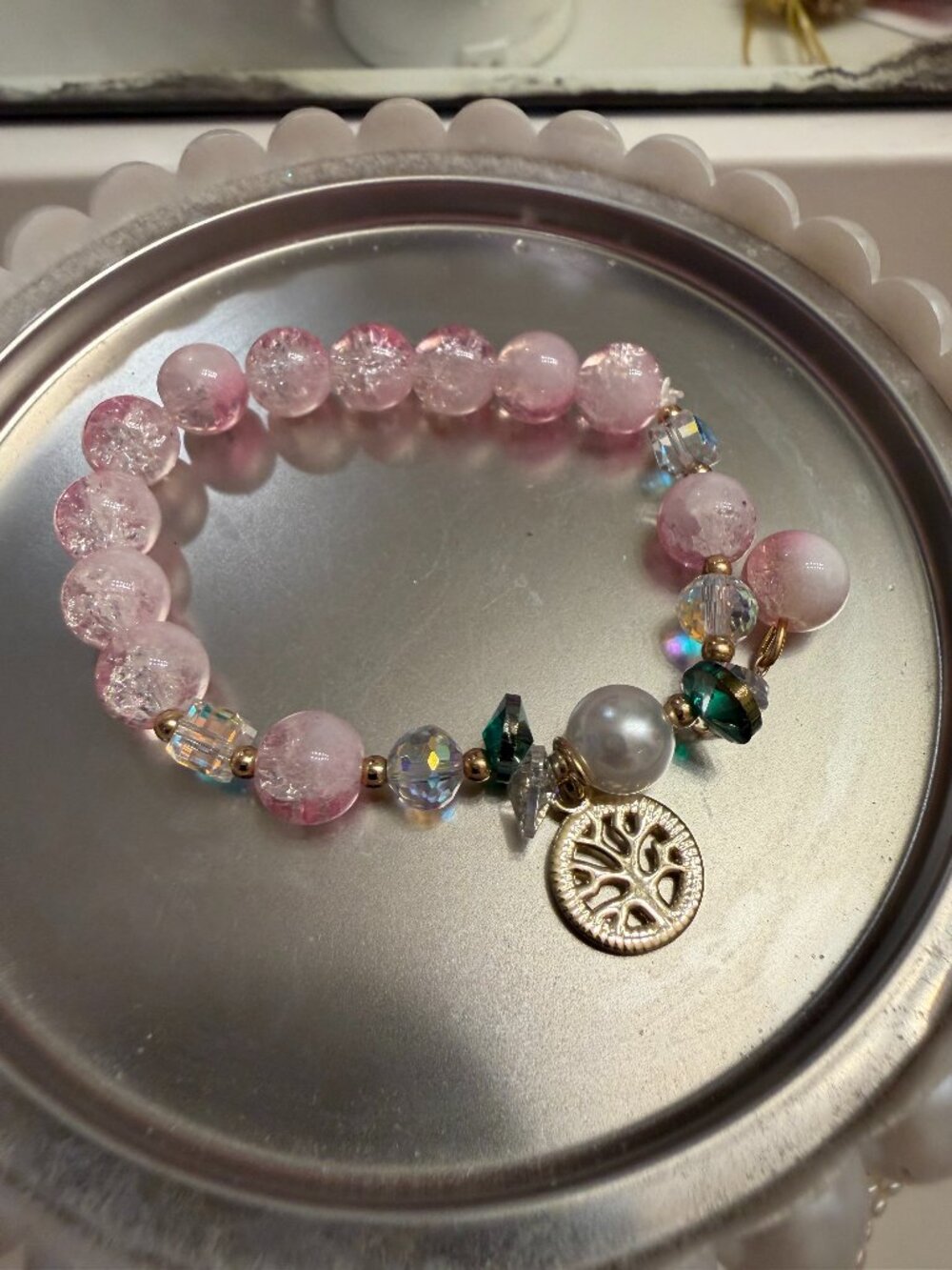 Boho Tree of Life Round Beaded Bracelet Gold Tone Charm